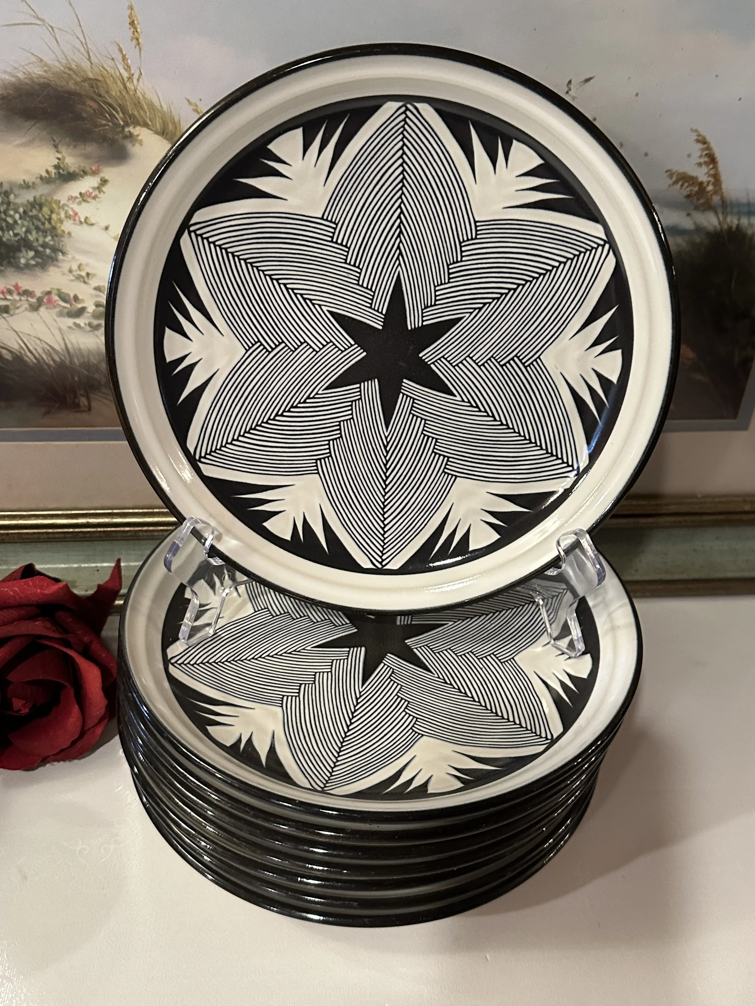 Noritake Aspen Nights Salad Plates Classic Stoneware Vintage Design with Prominent Black Border Trim 8 1/4" Diameter Vintage Geometric