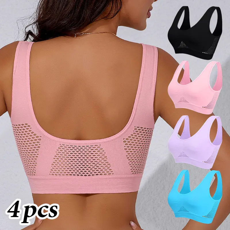 4 Pack Seamless Solid Breathable Cool Liftup Air Bra,Mesh Sports Bras for Women,Wireless Bras with Support and Lift