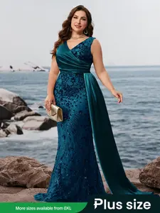 Women Lady Elegant Plus Size V Neck Sleeveless Woven Dress, Sequins Patchwork Mermaid Hem Formal Gown, Formal Wear, Womenswear, Perfect for Spring Summer Evening Parties and Events