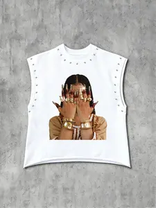Unisex Sleeveless Vest Top, Graphic Print + Stud Design, Round Neck Wide Shoulder, Casual Streetwear, Fitness and Daily Wear, Sleeveless Shirt, Graphic Tank Top