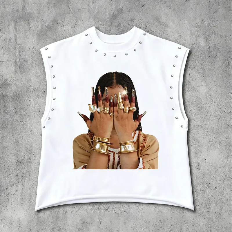 Unisex Sleeveless Vest Top, Graphic Print + Stud Design, Round Neck Wide Shoulder, Casual Streetwear, Fitness and Daily Wear, Sleeveless Shirt, Graphic Tank Top, Sleeveless Loose Tank