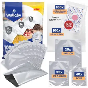 Wallaby Multi-Size Mylar Bag Bundle with 400cc Oxygen Absorbers (100 count) 1 Gallon, 1 Quart & 1/2 Pint Mylar bags - 10 Mil Thickness Total - Silver