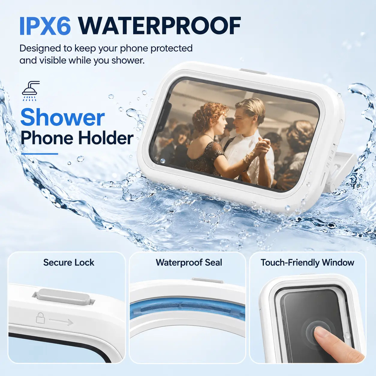 Shower Phone Holder™ Waterproof Anti-Fog Universal Fit 6.8 inch Touch Screen 360° Rotation Adjustable Angles Detachable Traceless Wall Mount Stream
