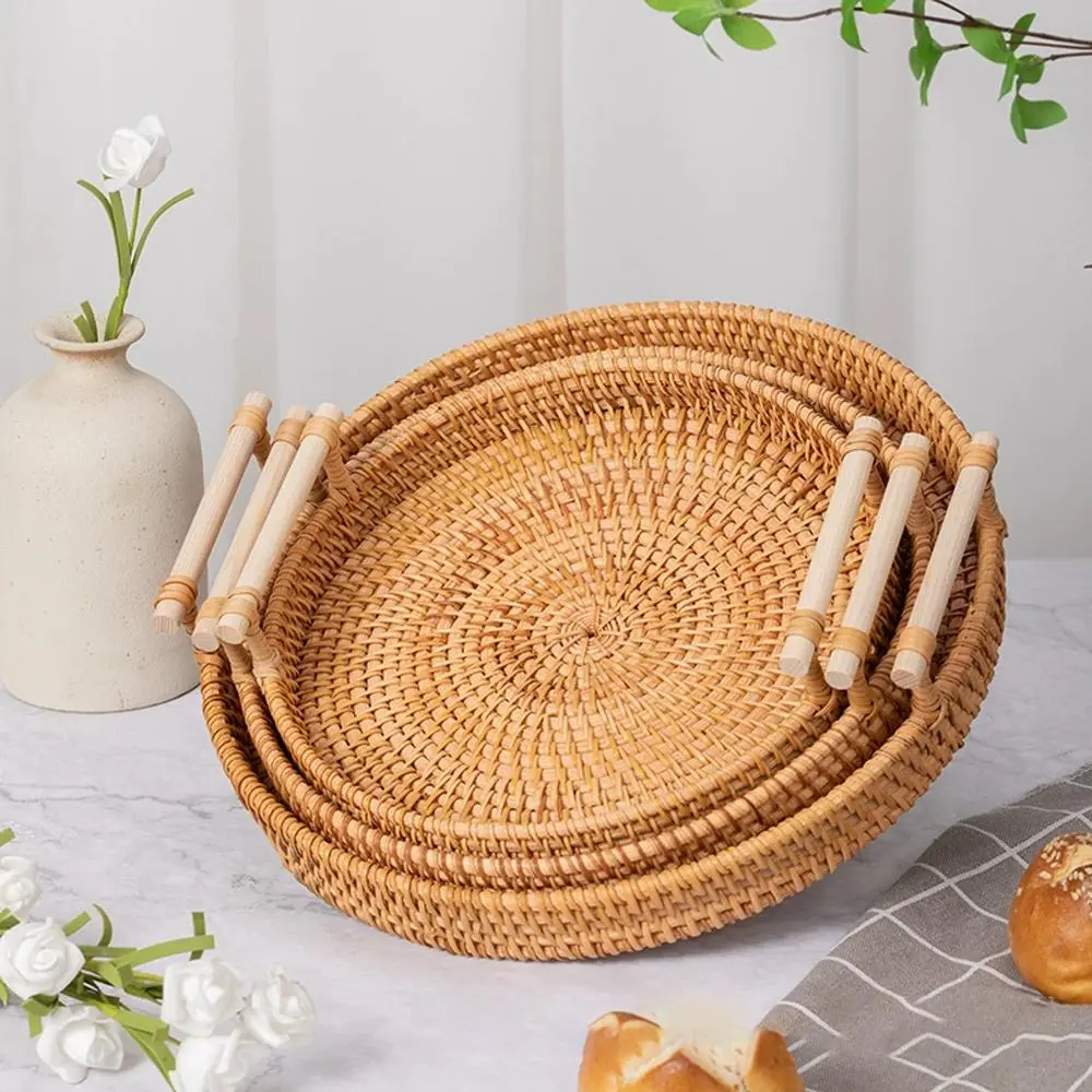Round Rattan Straw Basket, 3 Counts/set Bread Snack Fruit Basket, Woven Storage Basket with Handle, Household Storage Organizer for Home Kitchen