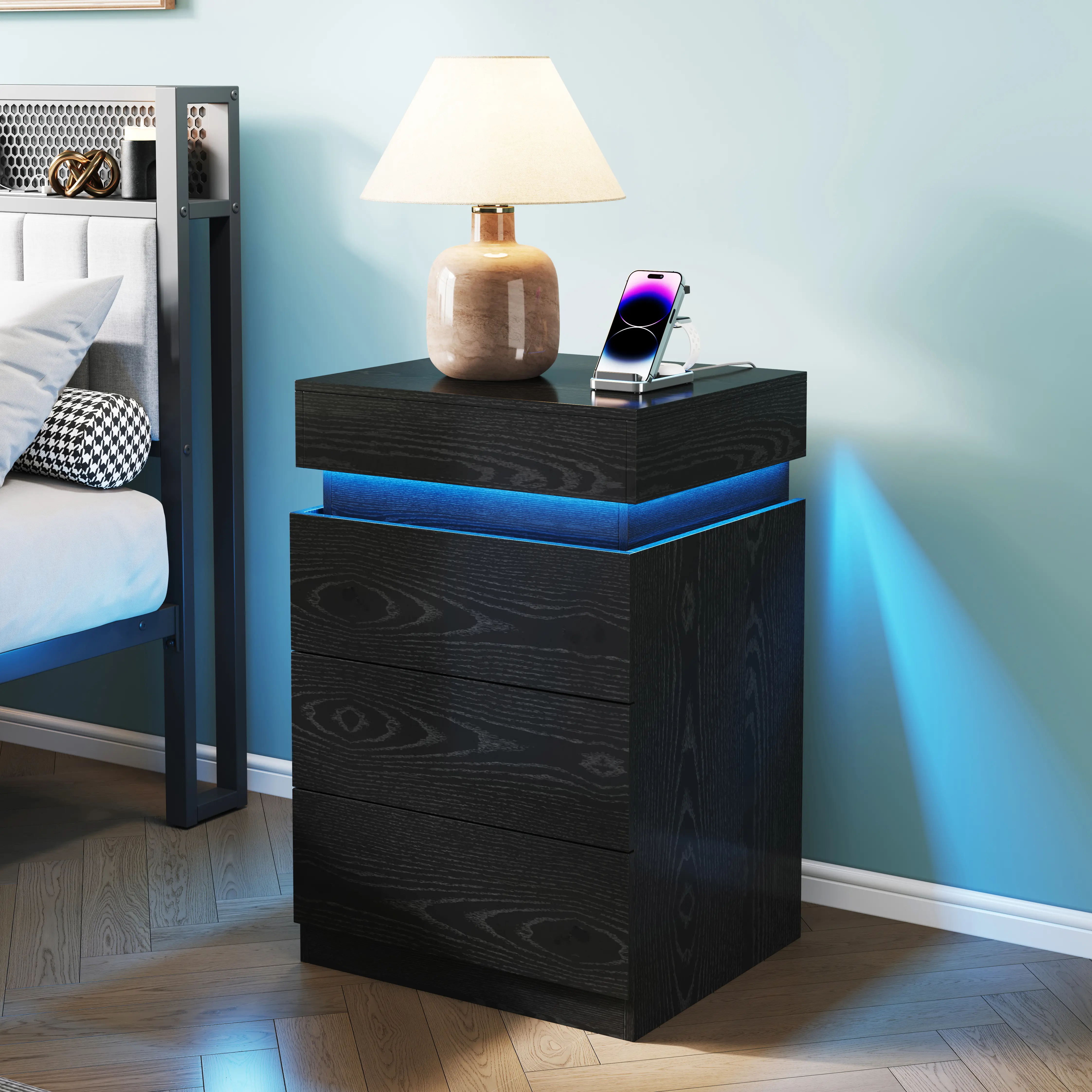 Modern LED Black Nightstands | Nightstand with Charging Station and Sliding Top,Small Bedside Table with 3 Wood Drawers Storage，Bedside Table with Drawers,Side Table for Bedroom