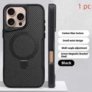 New Carbon Fiber Texture Magnetic Phone Case for iPhone 17 16 15 14 13 12 Pro Max Plus, Wireless Charging, Metal Stand, Shockproof Anti-Slip