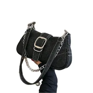 Lady Denim Handbag with Buckle and Chain - Stylish and Functional Design