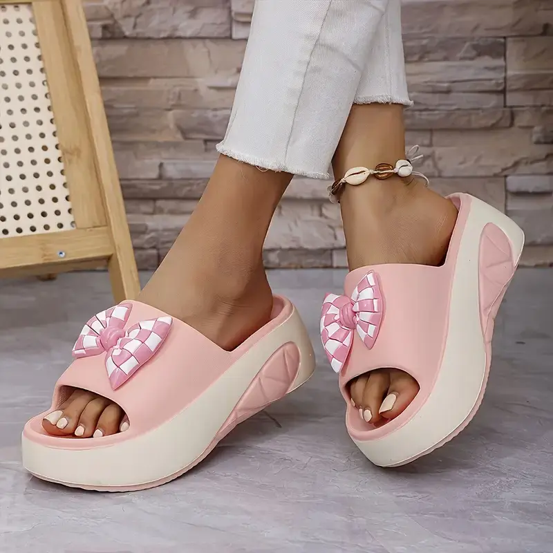 Women's Cream & Brown Checkerboard Bow Platform Slip-On Slippers - Chic Holiday EVA Upper, Anti-Slip Chunky Sole, Indoor-Outdoor Summer Walking Shoes