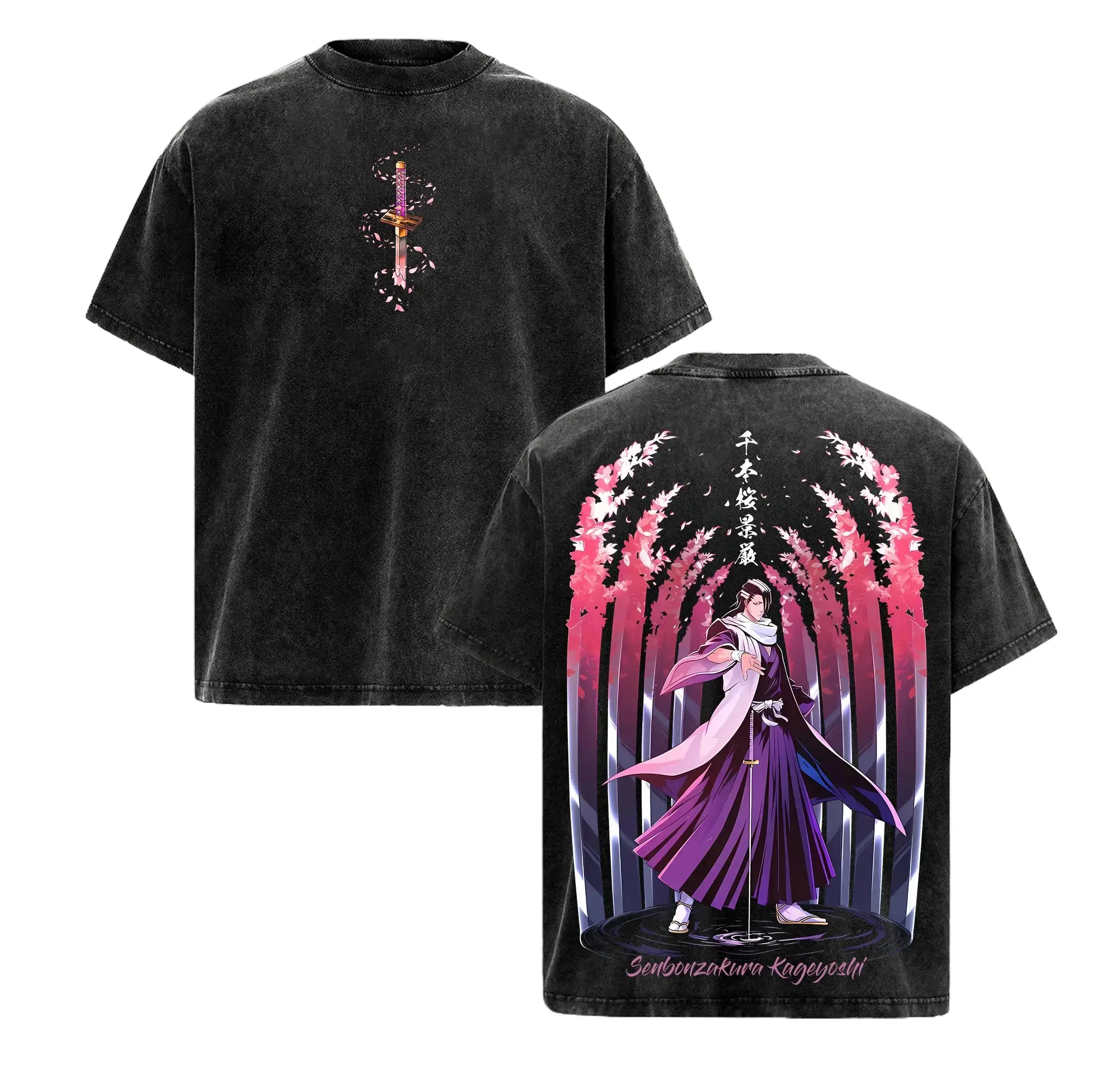 Men's Bleach Anime Byakuya Kuchiki Vintage Washed Oversized Graphic Tee, Menswear Shortleeve Breathable Top - Round Neck, 2D Senbonzakura Kageyoshi Effect, Black/White Soul Reaper Streetwear, Machine Washable Summer Casual Shirt, Tshirt, Shortsleeve