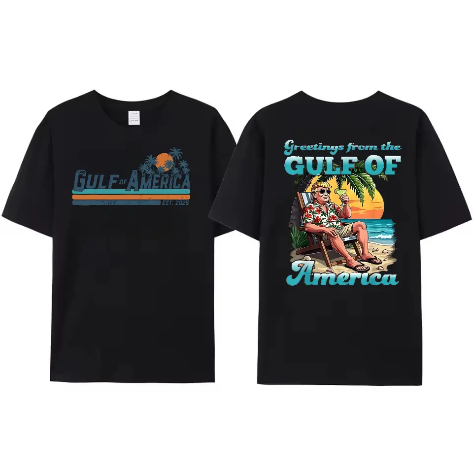 Classic unisex cotton t-shirt with the graphic print "Greetings from America's Patriotic Gulf," established in 2025. Full size, full colors, for men a