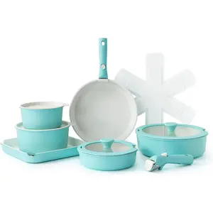 17 count Ceramic Pots and Pans Set, Nonstick Detachable Handle Cookware, Induction Kitchen Cookware Set with Removable Handle, Dishwasher & Oven Safe (Turquoise)