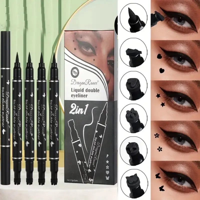 5pcs DragonRanee Double-Ended Eyeliner and Stamp Pen Set, Waterproof, Smudge-Proof, Easy to Apply, Natural Black Tone, Includes Star and Heart Patterns, Essential for Beginners