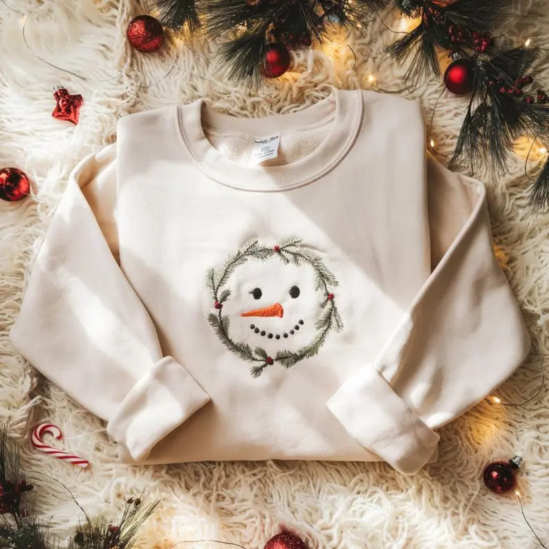 Embroidered Snowman T-shirt Sweatshirt Hoodie: Holiday Crewneck - Cotton Blend