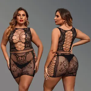 European and American 100.00kg Sexy Lingerie Free off Jumpsuit Transparent Black for Women Fat Sexy Foreign Trade One-Piece plus Size Fishnet Clothes