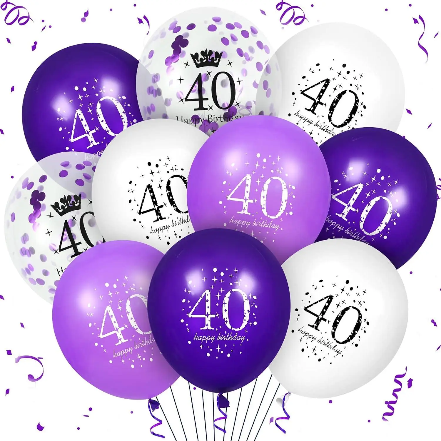 40Th Birthday Balloons 16Pcs Set 12 Inch Purple White Confetti Latex Fabulous 40 Party Decorations Supplies For Women Mom Wife