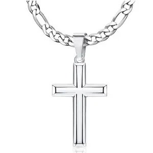 Silver Cross Necklace for Men Women, Stainless Steel Figaro Chain Cross Pendant Necklace, Hypoallergenic, Trendy Hip Hop Jewelry