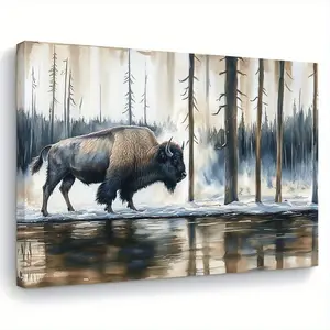 1 Piece Wooden Frame Canvas Art - Tranquil Snow Forest and Bison Reflection, Suitable for Living Room, Bedroom, Kitchen, and Home Office Wall Decoration, Ready to Hang, Perfect Gift for Her or Him, Size 11.8x 15.7inch