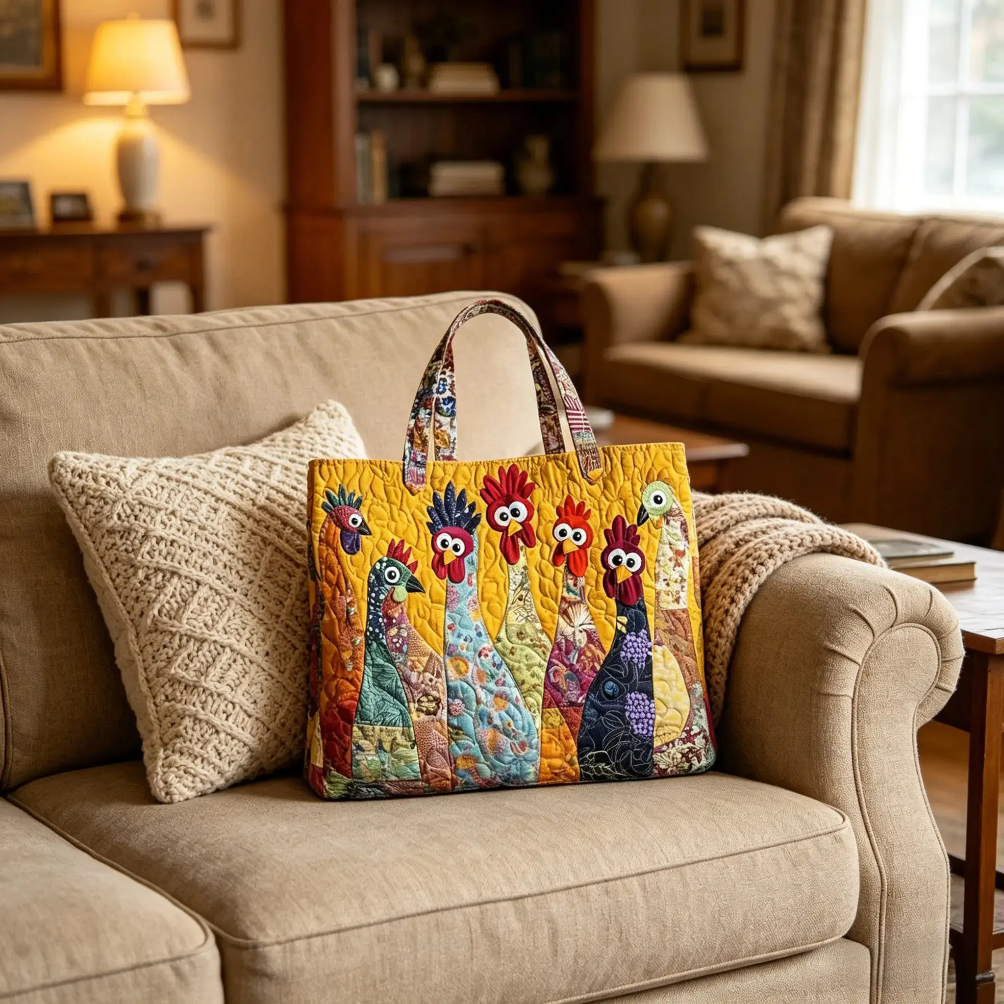Vintage Boho Chicken Patchwork Quilted Tote Bag, Large Capacity Summer Beach Travel Shoulder Handbag for Women Daily Outfit Cute Rooster Patchwork Tote Bag