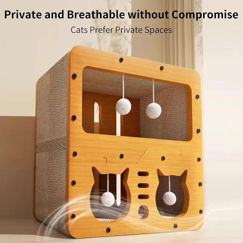 FANJUN-AMTECH 2 in 1 House & Scratch Board, 1 Set Wooden Bed with Scratcher, Durable Double Layer Bed, Pet Furniture for Indoor Spacious cool cat stuff cozy cat bed cat scratcher indoor cat accessories cat toys cat accessories