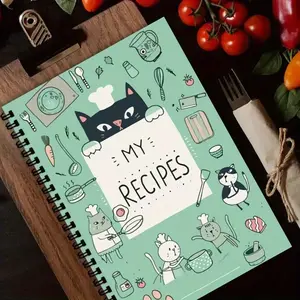 Cute Cat Chef Recipe Notebook, Light Background, Hand-Drawn Cats, Kitchen Tools, Food Elements, A5 Spiral Bound, Ideal for Cooking Lovers