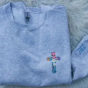 Embroidered Created With A Purpose Sweatshirt, Minimalist Christian Crewneck with Cross, Faith-Based Inspirational Sweater, Religious Gift for Women