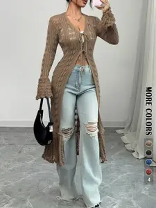 Women's Solid Color Knitted Cardigan, Elegant Fashion Casual Tie Front Cardigan, Women Knitwear for Daily Outdoor Wear