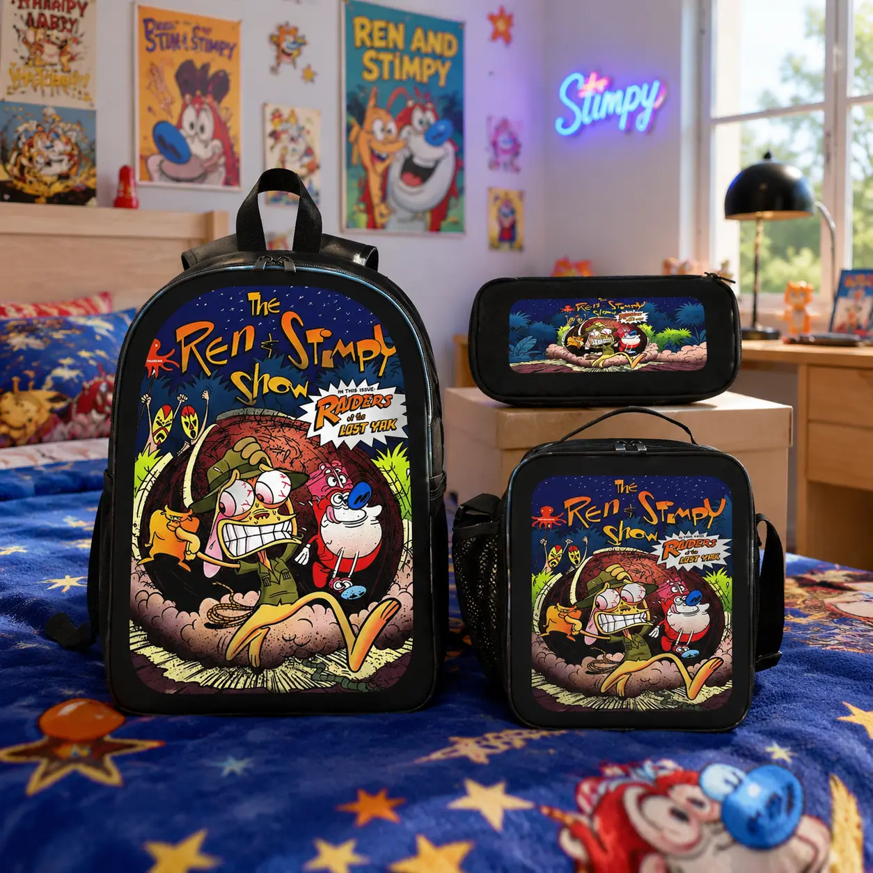 The Ren&Stimpy Show Backpack Set 3PCS Cartoon Backpack Lunch Bag Pencil Case Large Capacity Student Bookbag Travel Daypack Lightweight School Bag Teen Boys Girls Gift TikTok Trendy Backpack Bundle