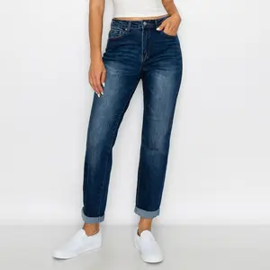 BASIC ROLLED CUFF MOM JEAN $29.99 Basic roll cuffed mom jean in a 11.1 oz modern stretch denim fabric Traditional 5 pocket construction with rolled cuff detail and one button and zipper closure. Fabric Content: 93% COTTON, 5% POLYESTER, 2% SPANDEX