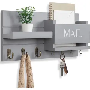 Mail Organizer for Wall Mount - Key Holder with Shelf Includes Letter Holder and Hooks for Hallway Farmhouse Decor - Rustic  with Flush Mounting Hardware (16.5" x 9.1" x 3.4") (Gray)