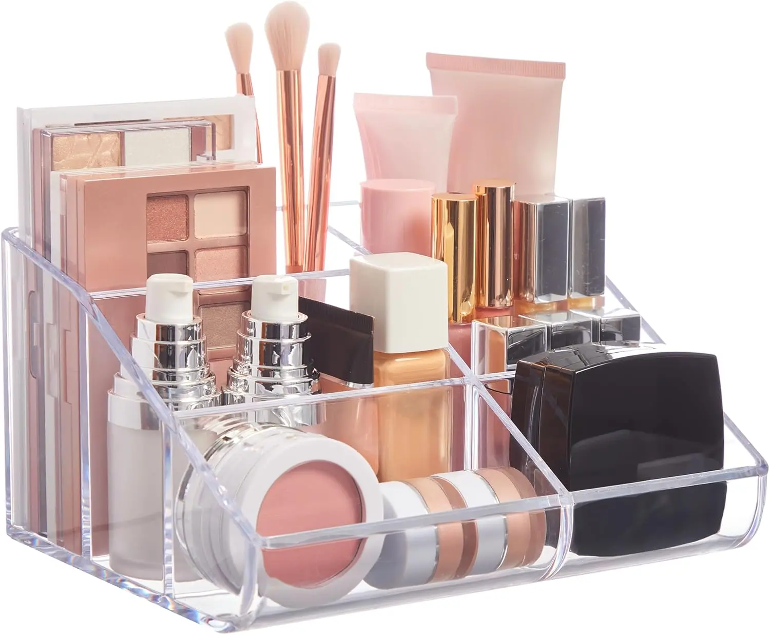 Clear Plastic Vanity Makeup Organizer | 6-Compartment Holder for Brushes, Eyeshadow Palettes, & Beauty Supplies | Curved Front Design | Made in USA