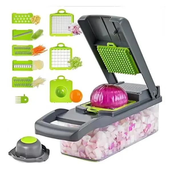 16-in-1 Detachable Stainless Steel Kitchen Gadgets Multifunctional Vegetable Fruit Chopper - Grater, Peeler, Dicer, Food Slicer, Onion Cutter, Mandoline with Blade & Storage Container, Cheese Prep Tool, Garlic