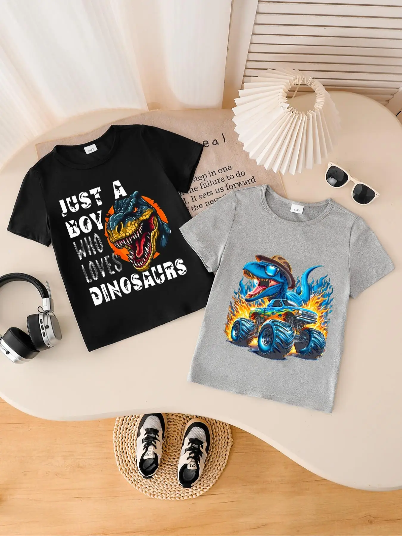 Toddler Boy's Dinosaur Print Short Sleeve Tee & Letter Print Shorts Two-piece Set, Casual Round Neck T-shirt & Shorts, Summer Outfits Clothes for Kids