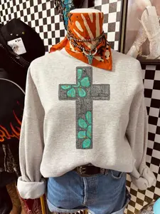 Western Tooled Metal Turquoise Cross Print Comfort T-shirt, Westernn Crewneck Sweatshirt, Mama Clothing Gift, Trendy Unisex Clothes, 90s Cowgirl Graphic Tee, Retro Women's Coutry Music Concert, Vintage Western Hoodie