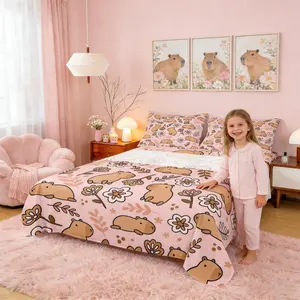 Feelyou Capybara Print Bedding Set - Cartoon Design, Breathable Weave Fabric, Multi-Size Sets with Flat & Fitted Sheets, Branches & Florals, Animal Motif for Kids