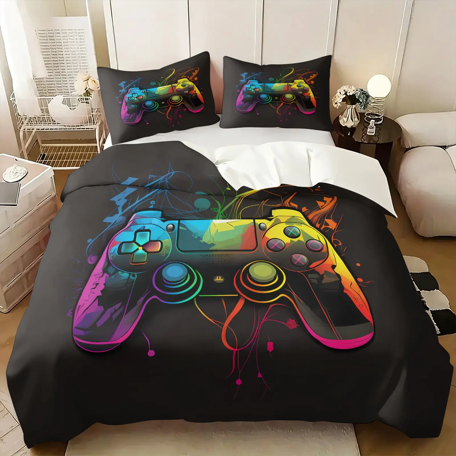 2/3Pcs Neon Rainbow Game Controller Duvet Cover Set, Colorful Graffiti Gamer Comforter Cover, Cool Video Game Bedding Set with Pillowcases, No Filler, For Boys Teenagers Gamers Bedroom Game Room Dorm Decor