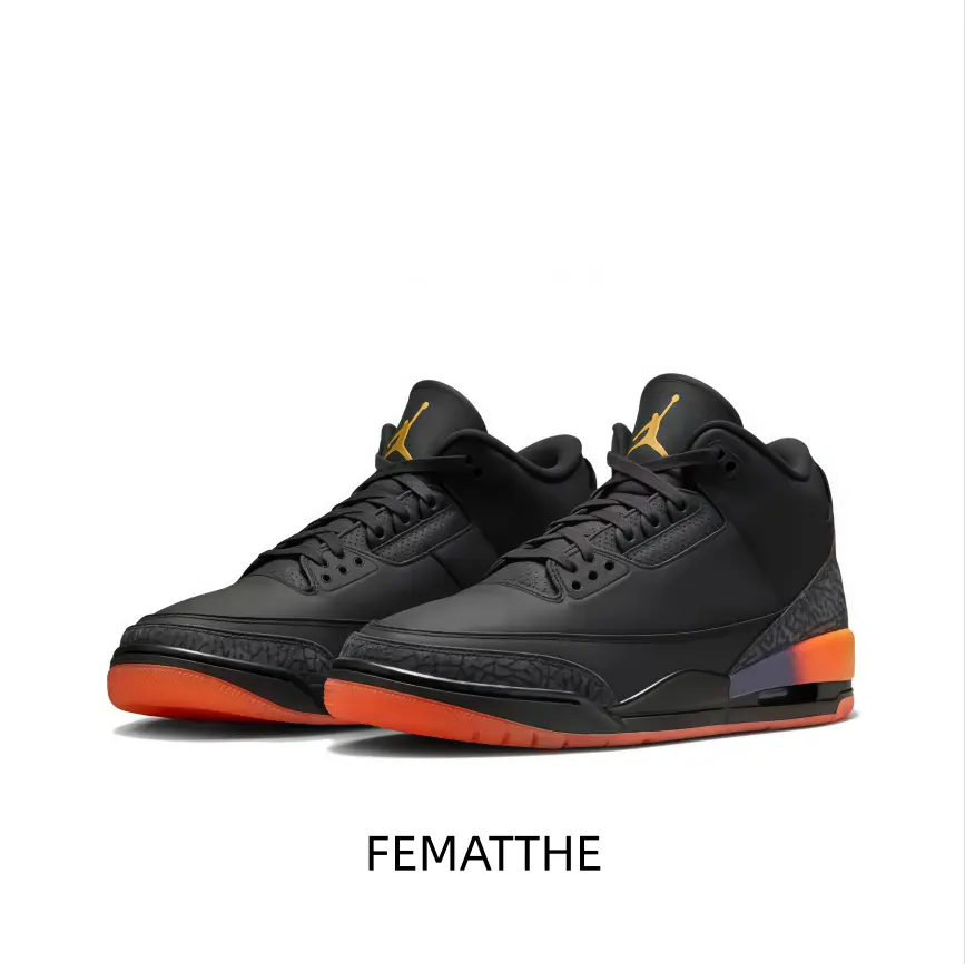 Premium smooth leather mid footwear in full black tone, warm orange sole accent and subtle gradient side trim, low-key trendy pick for sneaker enthusiasts.