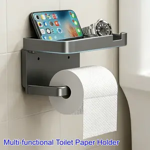 Wall-Mounted Toilet Paper Holder with Shelf, No-Drill Design, Bathroom Storage Rack, Stylish and Practical Bath Accessory