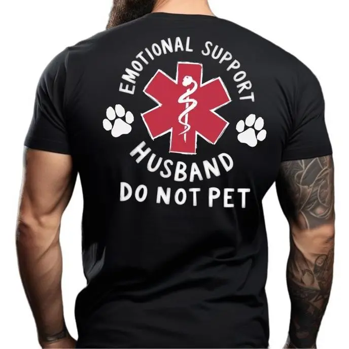 Men's Casual Cotton Unisex Short-Sleeve Crewneck T-Shirt - Emotional Support Husband Graphic, Funny Do Not Pet Medical Symbol Top, Ideal Gift for Men (Menswear), Shortsleeve, Print