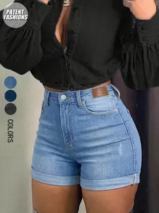Women's Slight Stretch Denim Shorts, Rolled Hem Hot Pants, Summer Casual Butt-Lifting Shorts, Perfect for Daily Wear and Outdoor Activities