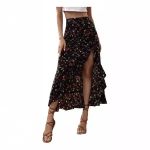Printed ruffle edge side slit skirt - floral pattern, high waist mid length, summer clothing, women's clothing，garden dresses，summer clothes outdoorfun