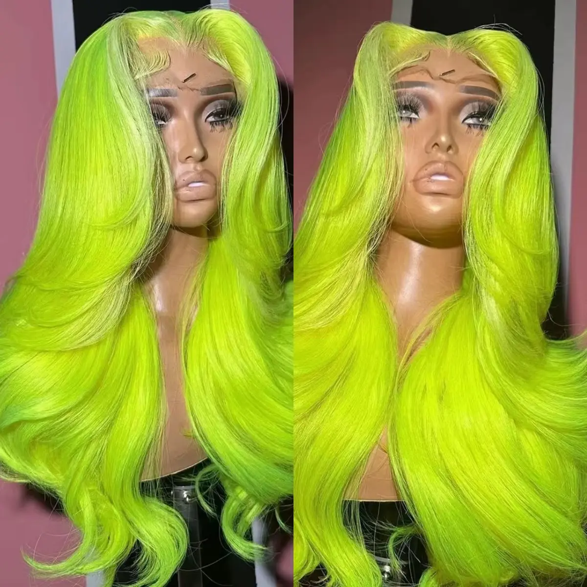Lime Green 13x4 Lace Front Wig Long Body Wave for Women Neon Green Highlight Synthetic Wigs Heat Resistant Glueless HD Transparent Lace Frontal Wig Summer Vibe Cosplay Party Everyday Wear