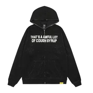 Oversized Full Rhinestone "Cough Syrup" Slogan Zip Up Hoodie| Vintage Washed Y2K Maximalism Streetwear Sweatshirt| Unisex Edgy Statement Layering Jacket for Men Women Fall Festival OOTD
