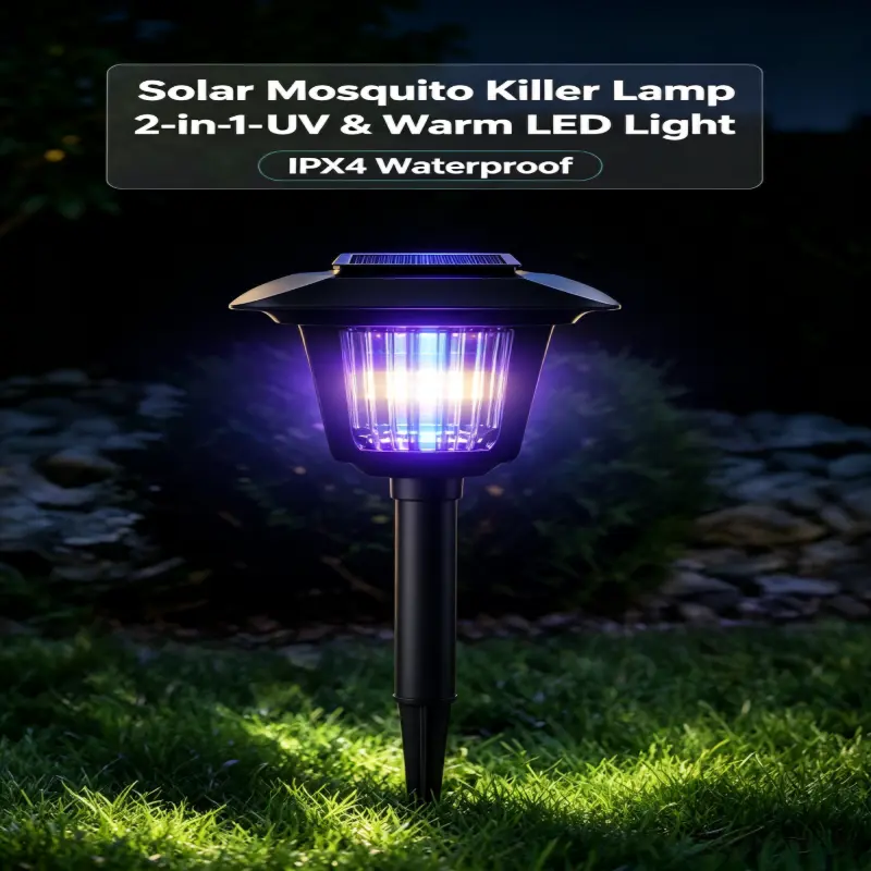 Solar Mosquito Lamp Multitools - 2-in-1 Electronic Cordless Mosquito Zapper & Automatic Flytrap, Solar Charging Warm LED Pathway Garden Stake Light, IPX4 Waterproof, Auto On/Off, No Chemicals for Patio
