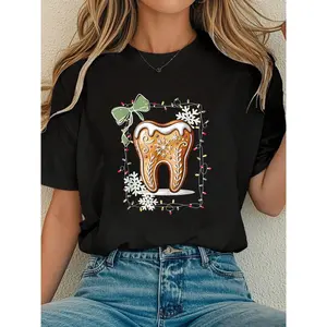 Women tshirt Christmas Tooth Dentist Gingerbread Dental Hygienist Teeth T-Shirt Everyday Women's Soft Crew Neck Tee, Lightweight Summer Short Sleeve Top