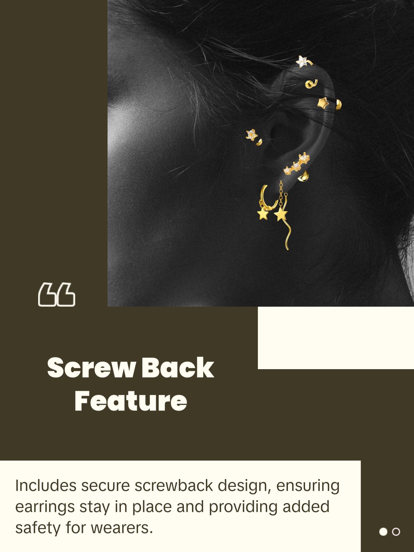 "Constellation Stars" 14K Yellow Plated 925 Sterling Silver Screw On Nap Earring