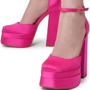 Womens Sexy High Heels Platforms Pumps Square Toe Chunky Block Heels Rhinestone Party Shoes Pink strap high platform high woman shoe woman  heels Girl Classy kitten heels
