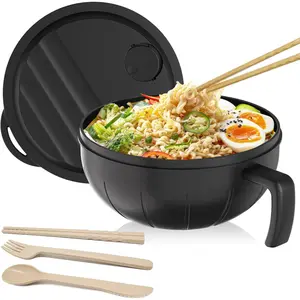 Large Ramen Bowl Set, 40 Oz Microwaveable Noodle Cooker with Leak-Proof , Chopsticks, Spoon & Fork  Portable and Dishwasher Safe, Ideal for , Office, Dorm, or  Light (Black)