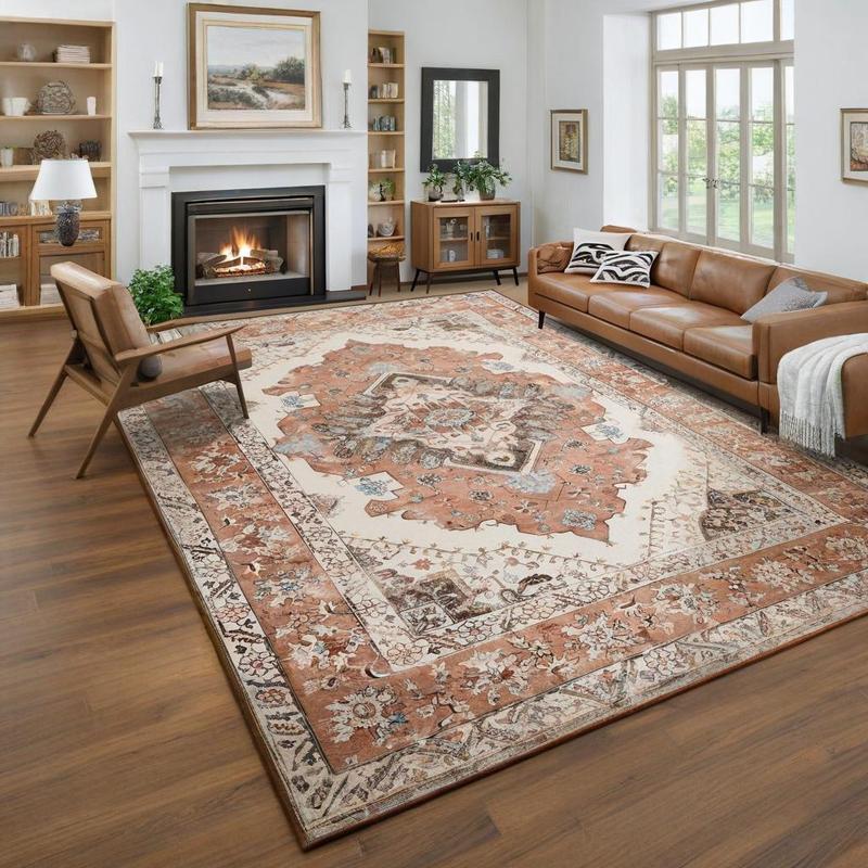 9x11 Feet Orang Machine Washable Vintage Area Rug Non-Slip Low Pile Large Rug For Living Room, Bedroom, Farmhouse, Dining Room, 5x8, 7x10 Feet