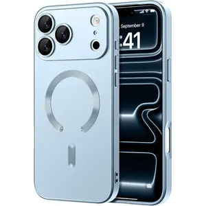 Magnetic for iPhone 17 Pro Case [Compatible with Magsafe] [Full Camera Protection] Cute Slim Shockproof Bumper Soft Silicone Matte Metallic Lustre Phone Case for Women Men Girls, Light Blue