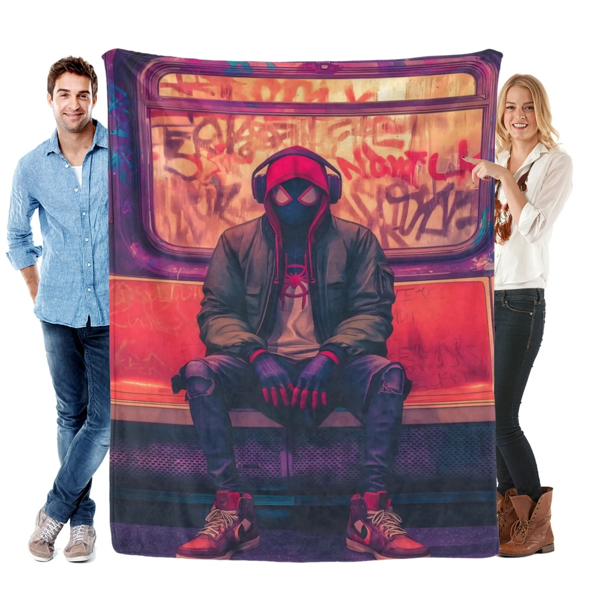 [SummerVibes] MARVEL CLASSIC Miles Morales Subway Graffiti Flannel Blanket - Cozy 2D Print Urban Superhero Throw for Home Bedroom Decor, Couch & Fans Gift